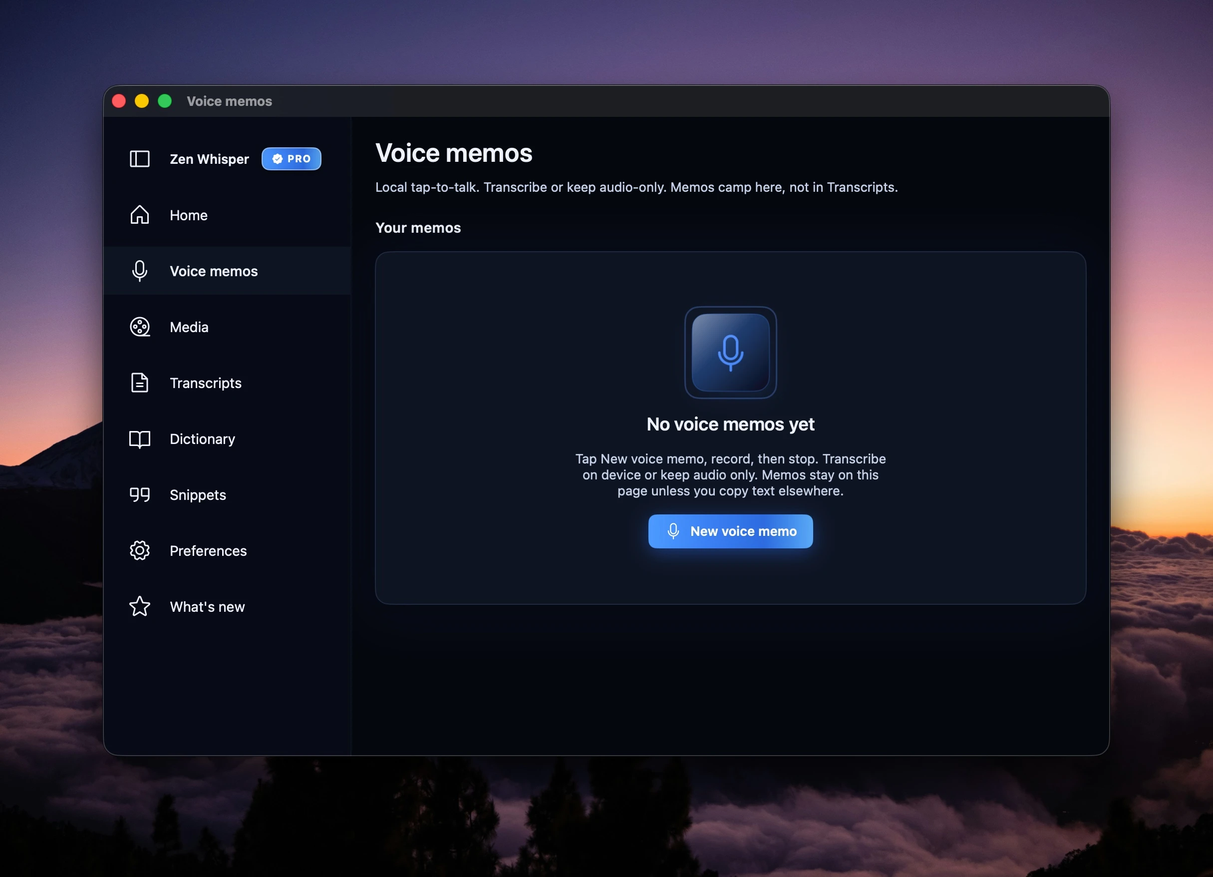 Transcript history and search inside Zen Whisper
